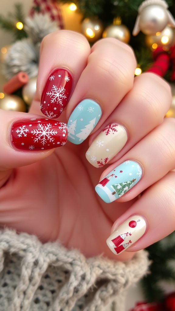 Festive winter Christmas nail art with red, green, and white designs, featuring snowflakes and Christmas trees.